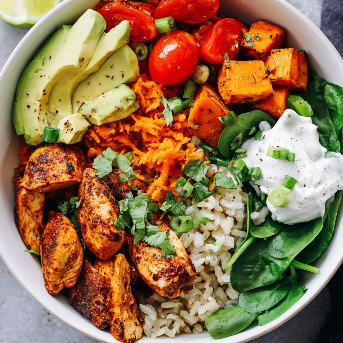 Colorful wholesome chicken sweet potato rice bowl with juicy sliced chicken, tender roasted sweet potato cubes, fluffy brown rice, fresh avocado slices, baby spinach, cherry tomatoes, and creamy Greek yogurt topping