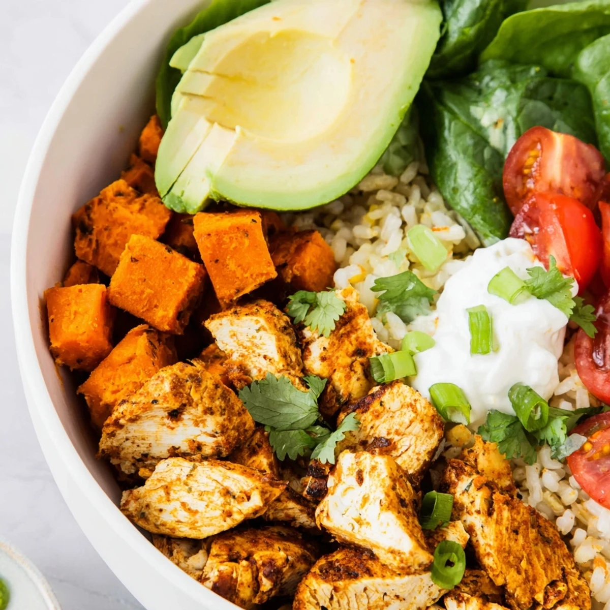 Hearty wholesome chicken sweet potato rice bowl arranged in layers with spiced roasted chicken strips, caramelized diced sweet potatoes, steaming rice, crisp vegetables, and zesty lime wedge garnish