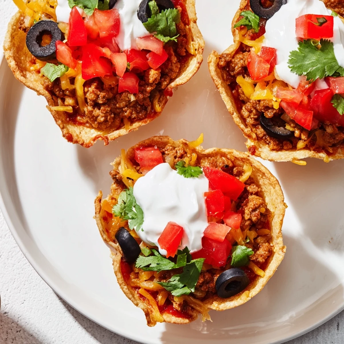 Mini Tex-Mex taco cups baked in a muffin tin with sour cream and cilantro