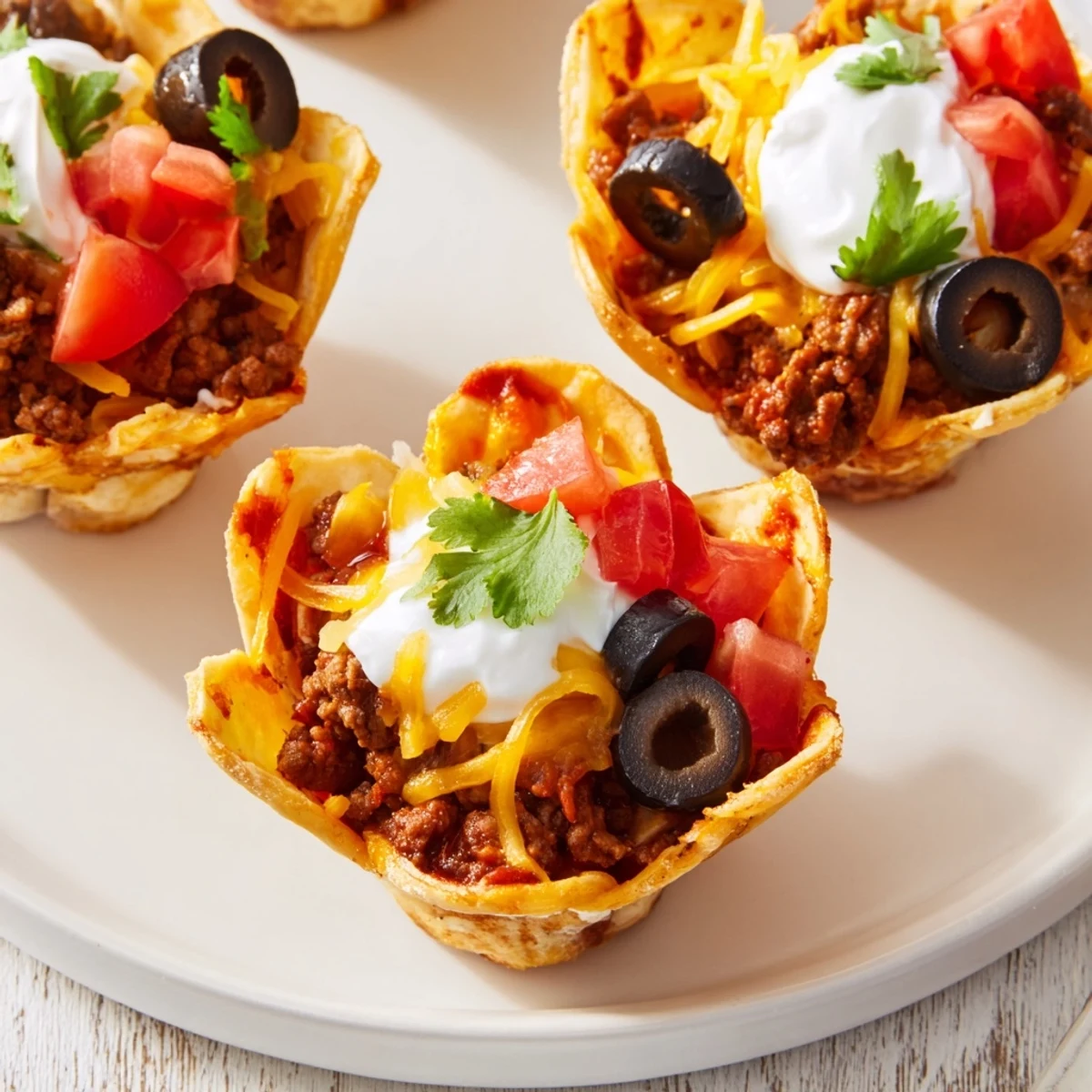 Golden taco cups filled with seasoned beef, melted cheddar, and colorful fresh toppings