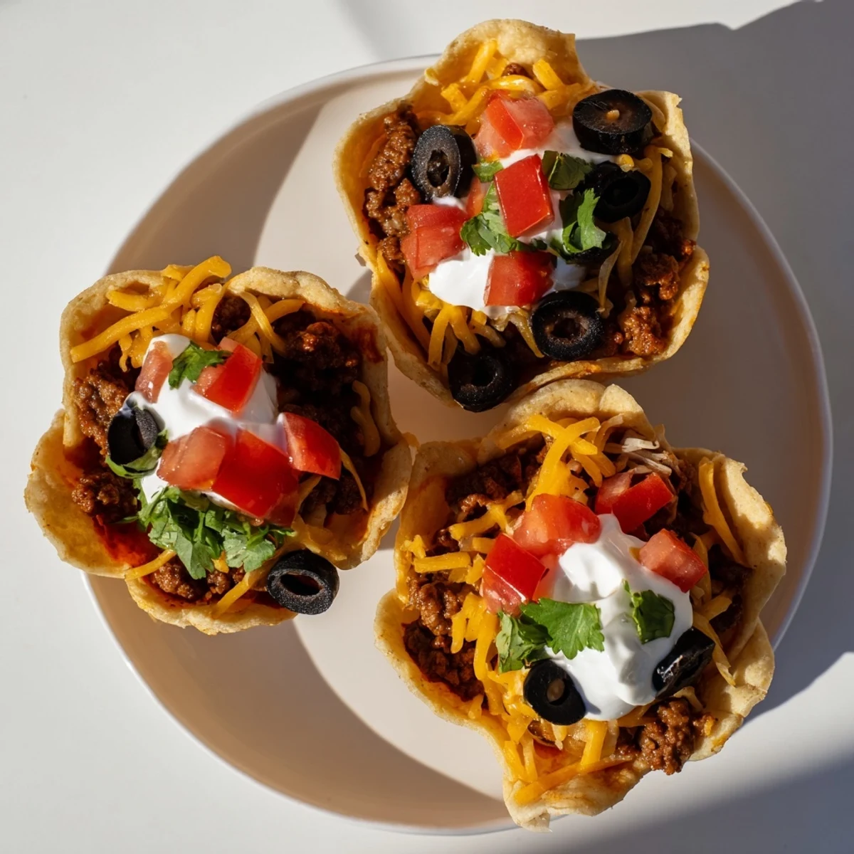 Bite-sized taco cups topped with seasoned ground beef, cheese, tomatoes, and jalapeño slices