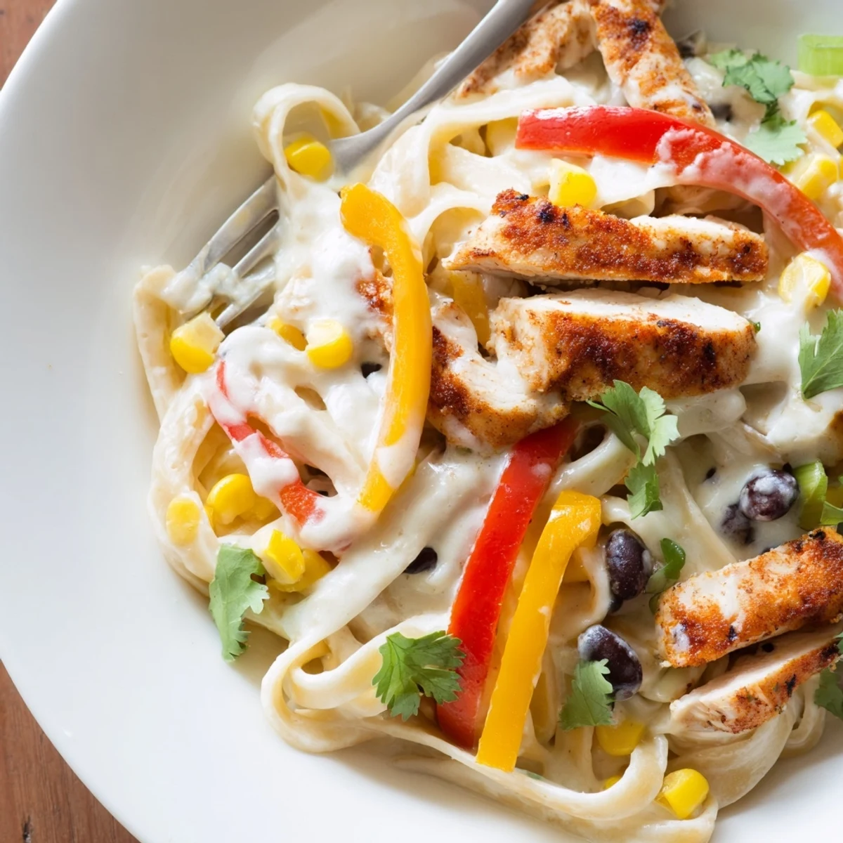 Creamy Southwest chicken alfredo pasta with tender sliced chicken breast and colorful bell pepper strips