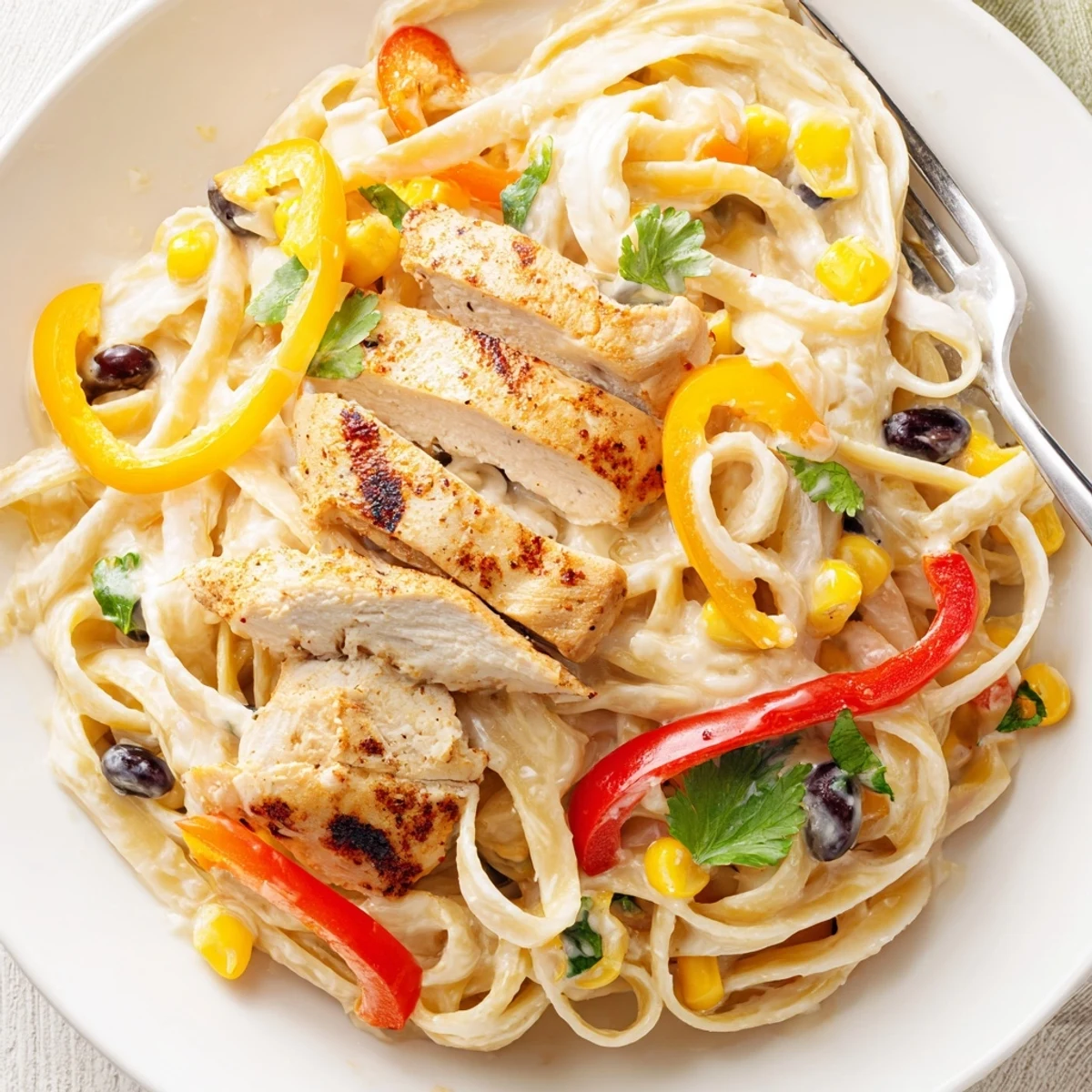 Hearty bowl of Southwest chicken alfredo featuring spiced chicken over cheesy fettuccine with black beans