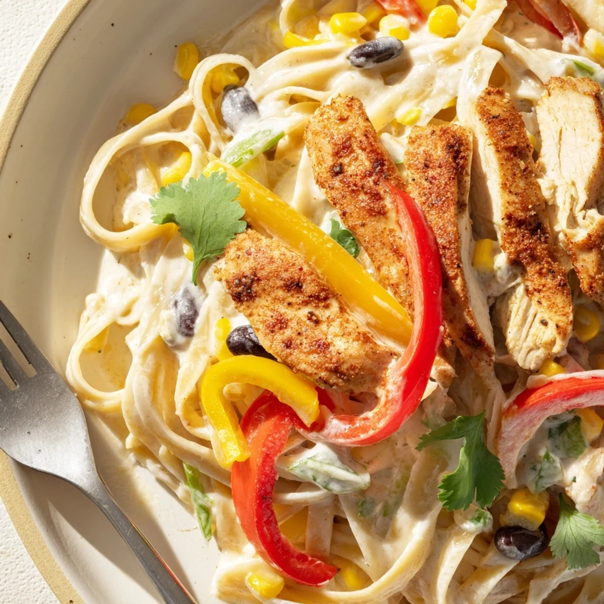 Zesty Southwest chicken alfredo pasta dish garnished with fresh cilantro and lime wedges on a white plate