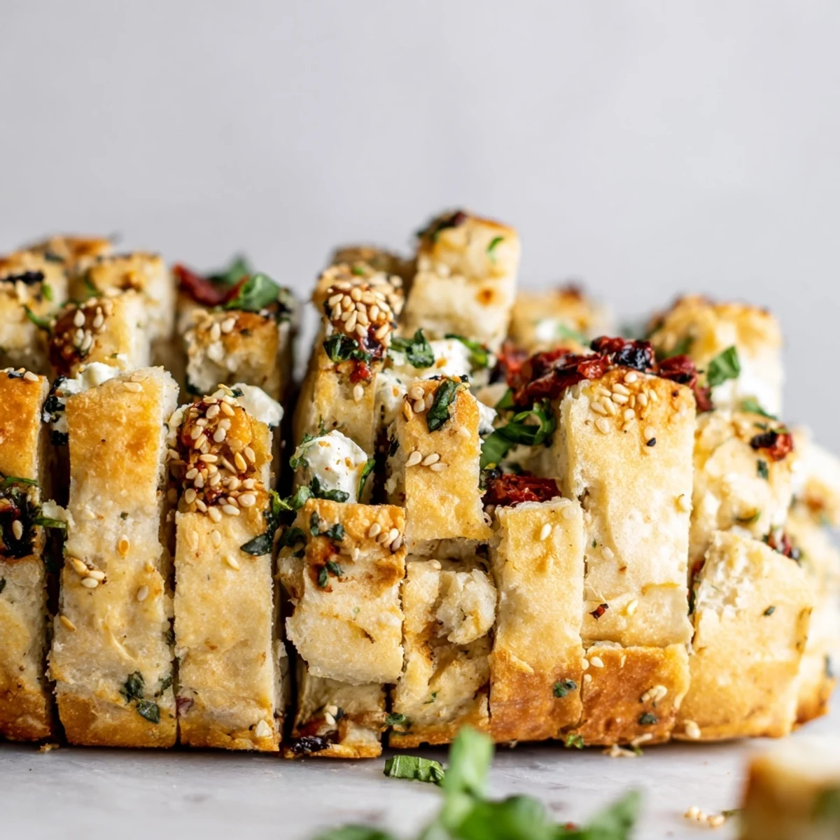 Golden Mediterranean pull-apart bread studded with feta, olives, and sun-dried tomatoes, baked until flaky and fragrant.