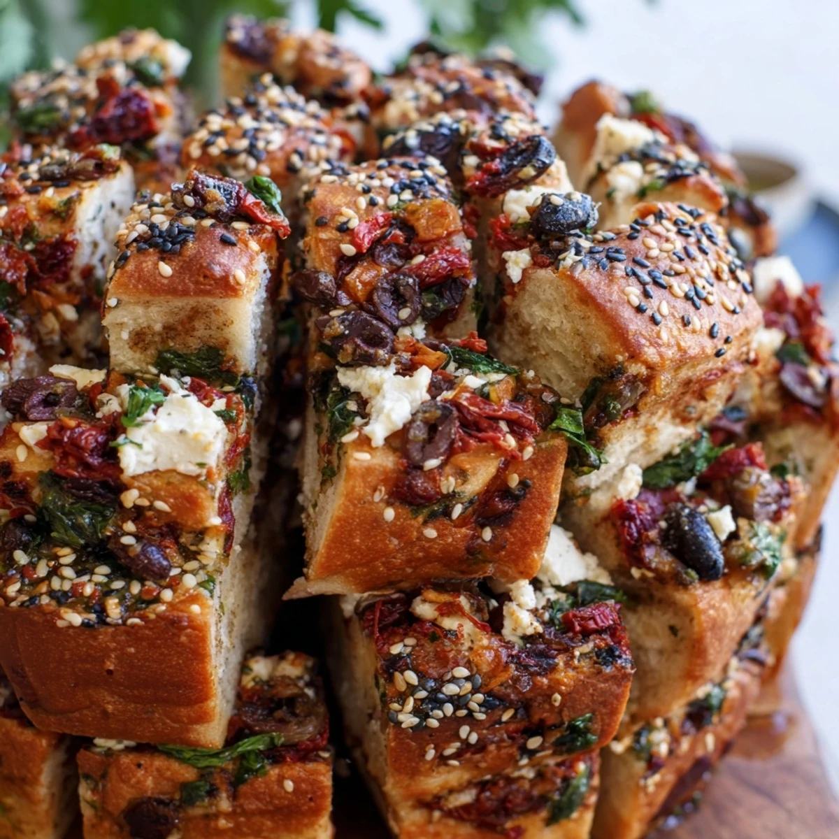 Savory Mediterranean pull-apart bread torn into warm, buttery pieces revealing layers of herbs and melted feta cheese.