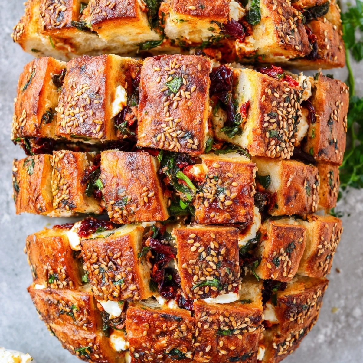 Soft pull-apart bread infused with Mediterranean flavors, featuring red sun-dried tomatoes and black Kalamata olives throughout.