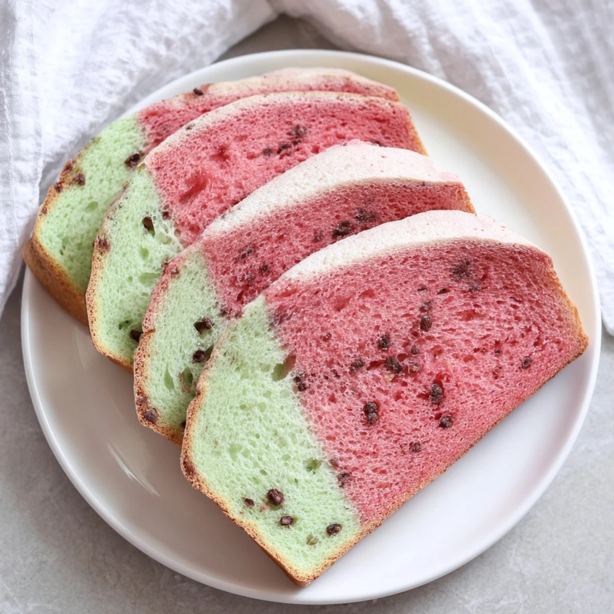 Freshly baked watermelon bread loaf sliced to reveal vibrant red, green, and white swirled layers with chocolate chip seeds