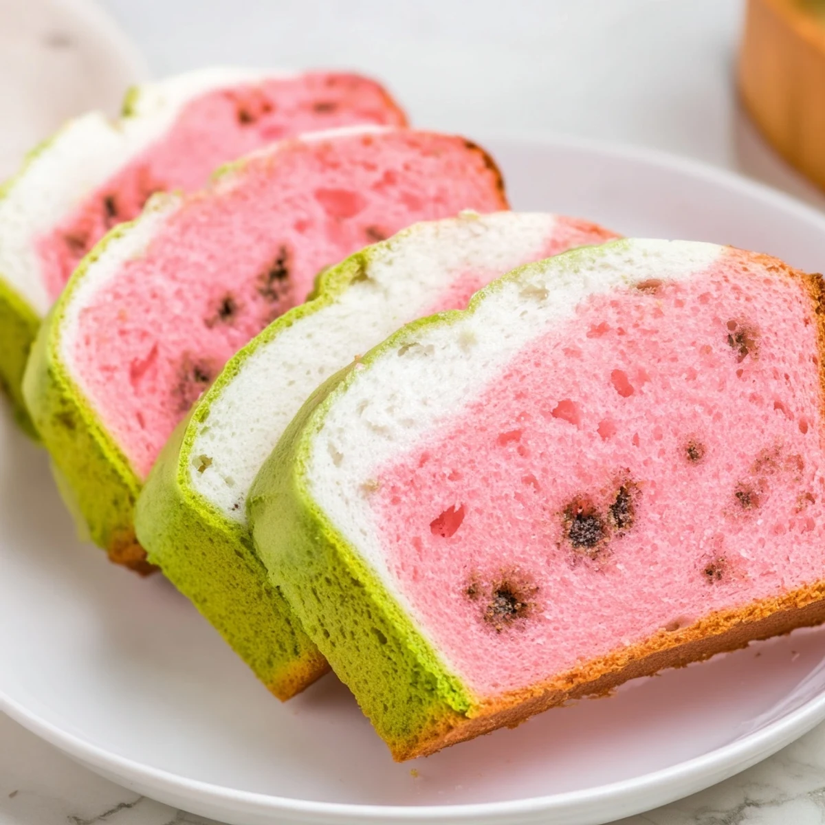 Soft watermelon bread showing colorful cross-section pattern with pink center, white rind, and green crust on wooden board