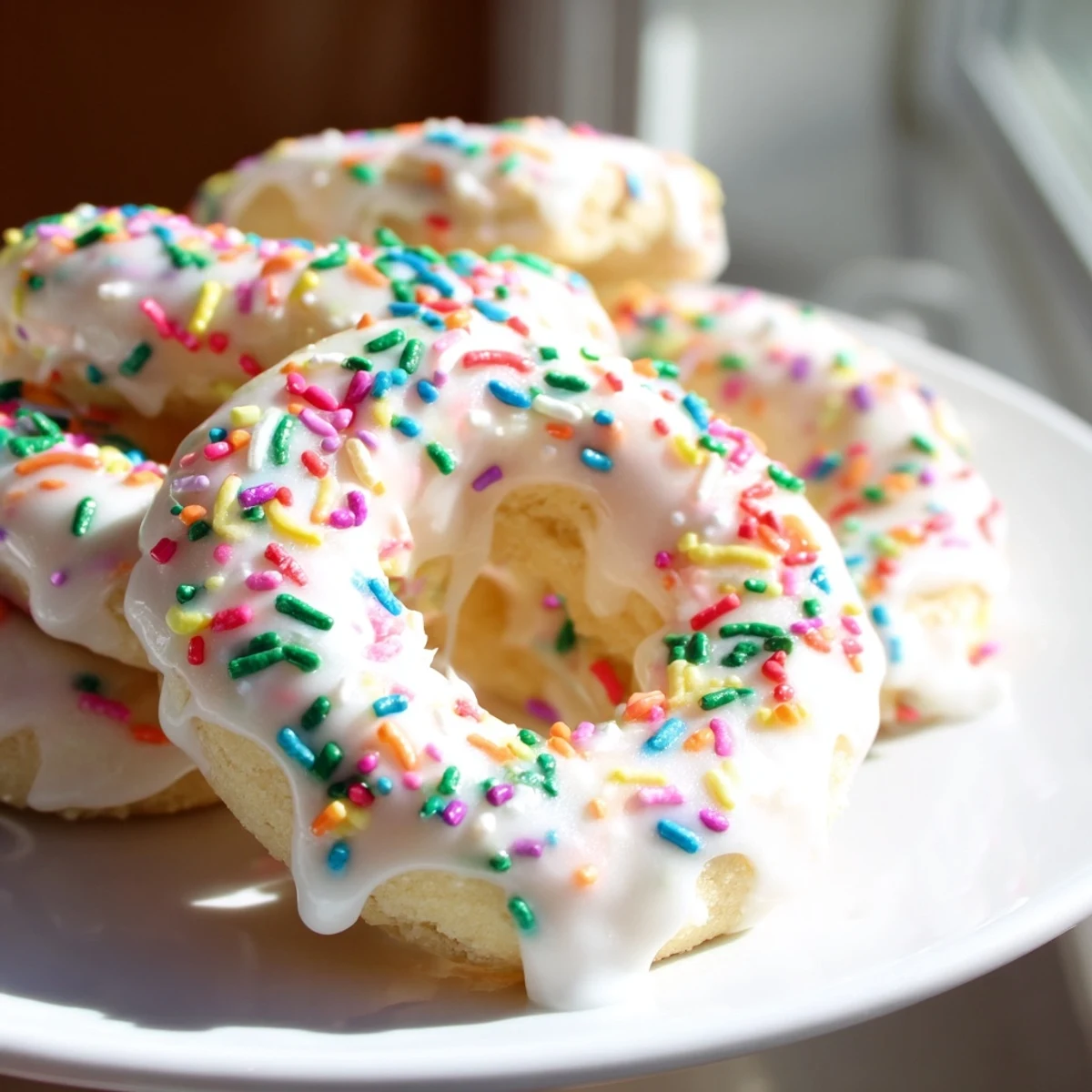 Soft Italian Easter cookies topped with pastel vanilla glaze and colorful rainbow sprinkles