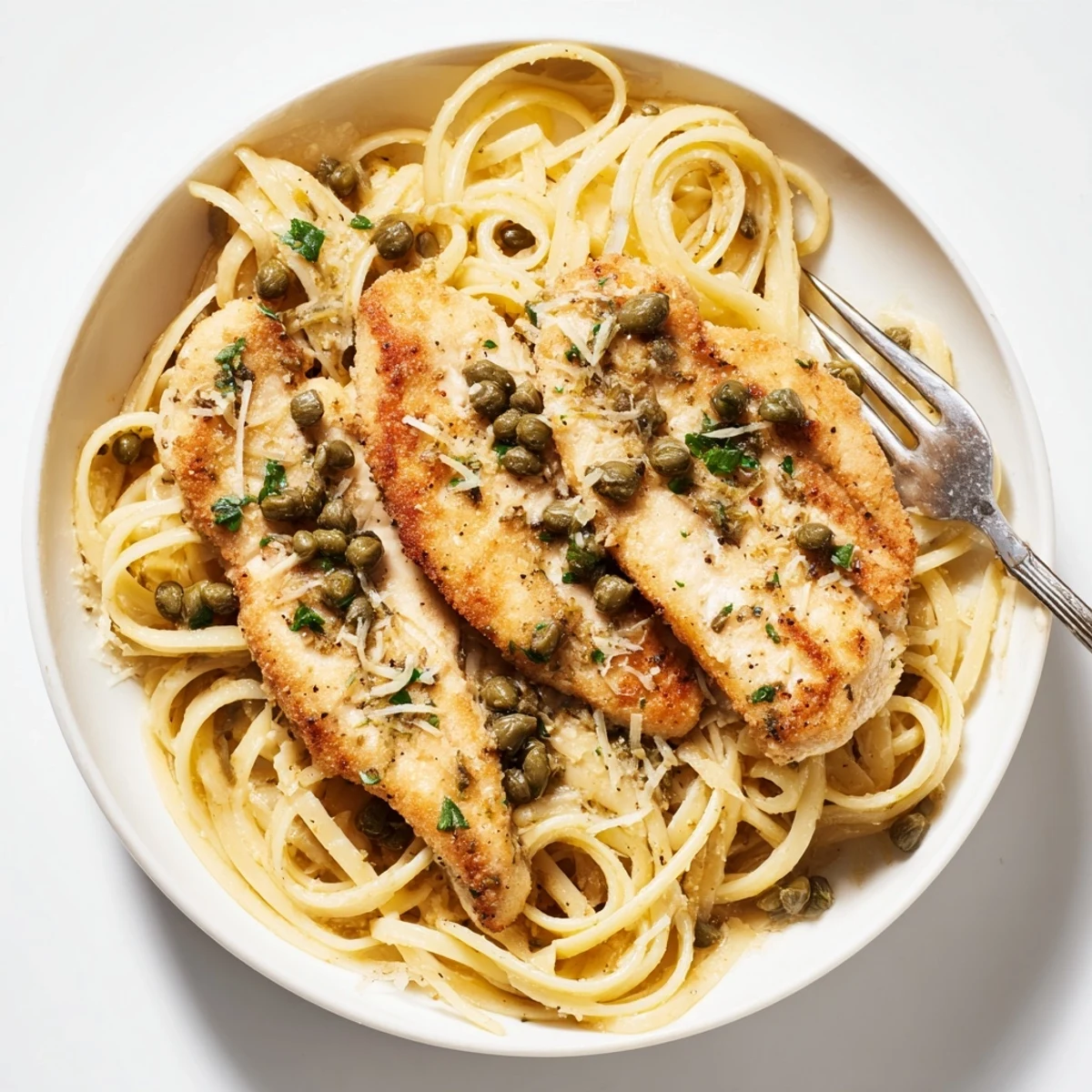 Golden brown chicken cutlets tossed with linguine in a bright lemon caper sauce with fresh parsley garnish