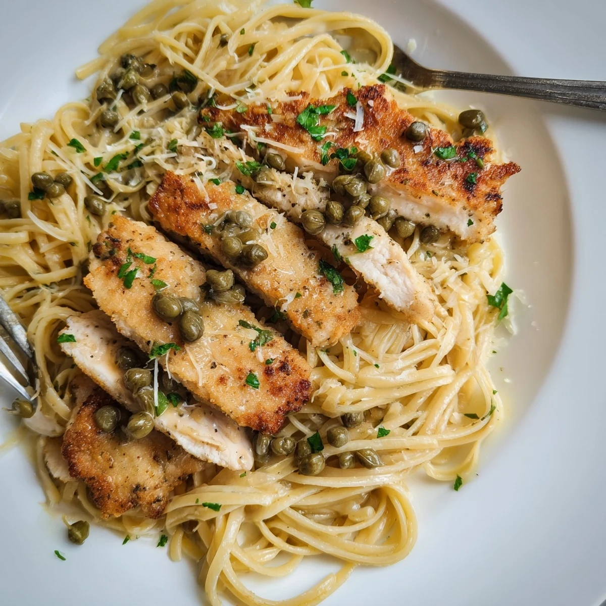 Creamy chicken piccata pasta plated with tender chicken slices al dente noodles and zesty white wine lemon sauce
