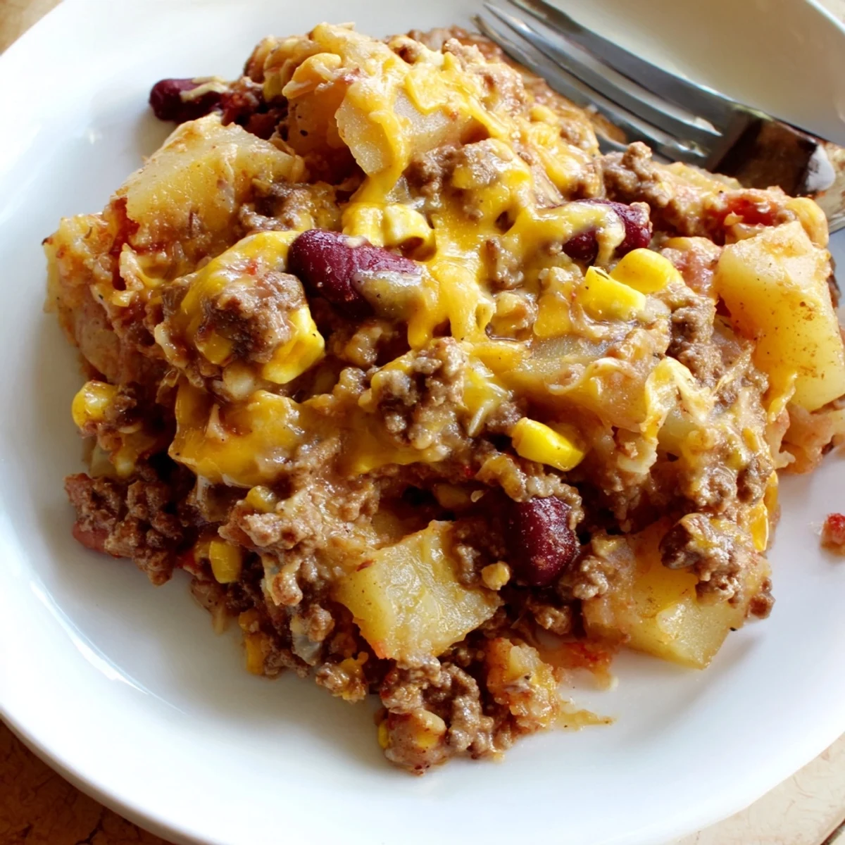 Hearty Slow Cooker Cowboy Casserole with melted cheddar, tender beef, beans, and potatoes