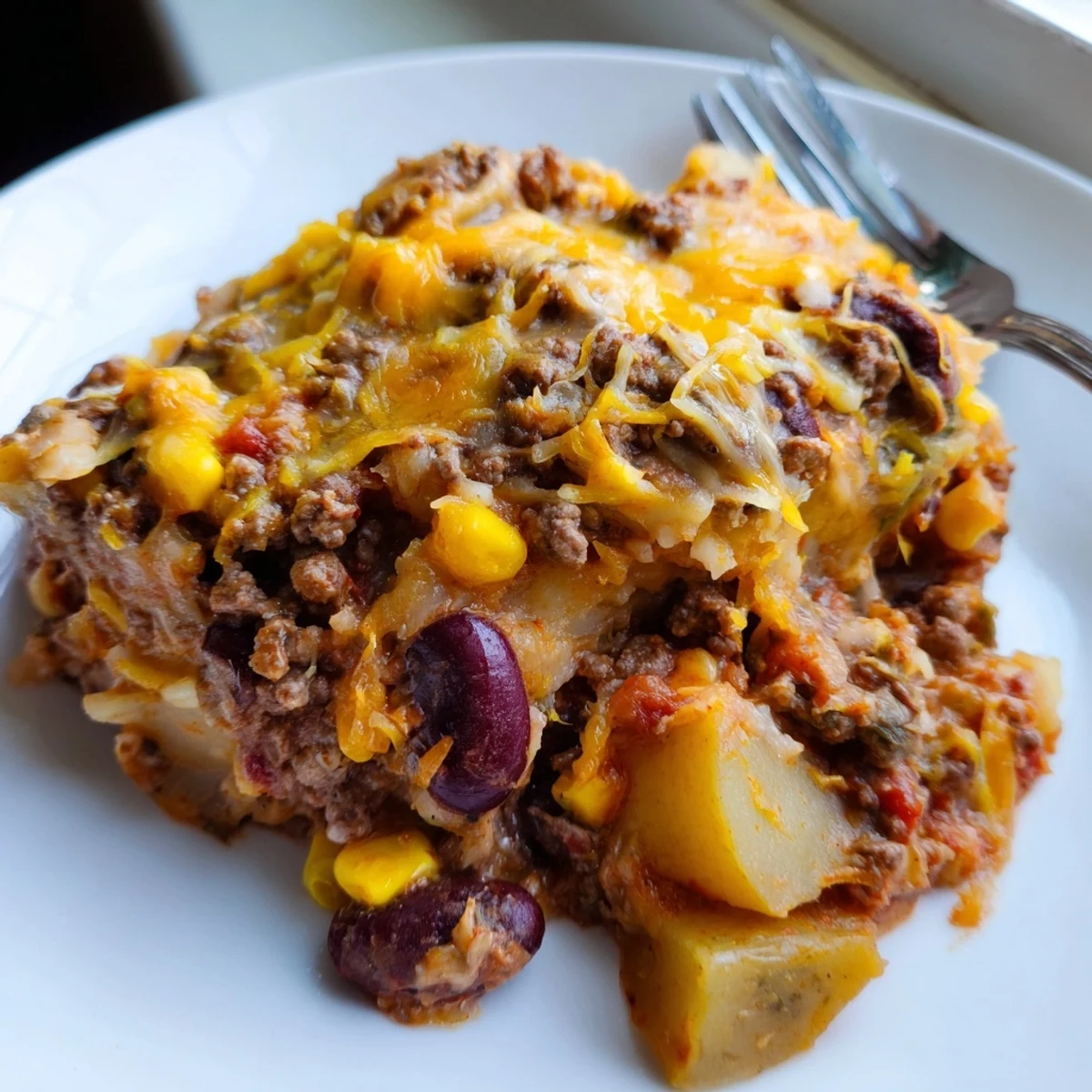 Golden cheese topping on bubbling Slow Cooker Cowboy Casserole loaded with corn and tomatoes