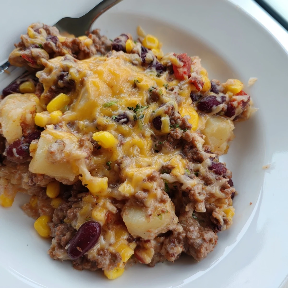 Comforting Slow Cooker Cowboy Casserole served in rustic bowl with fresh parsley garnish