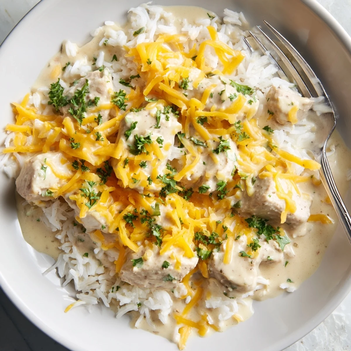Golden chicken breasts nestled in creamy rice with melted cheddar cheese and fresh parsley garnish