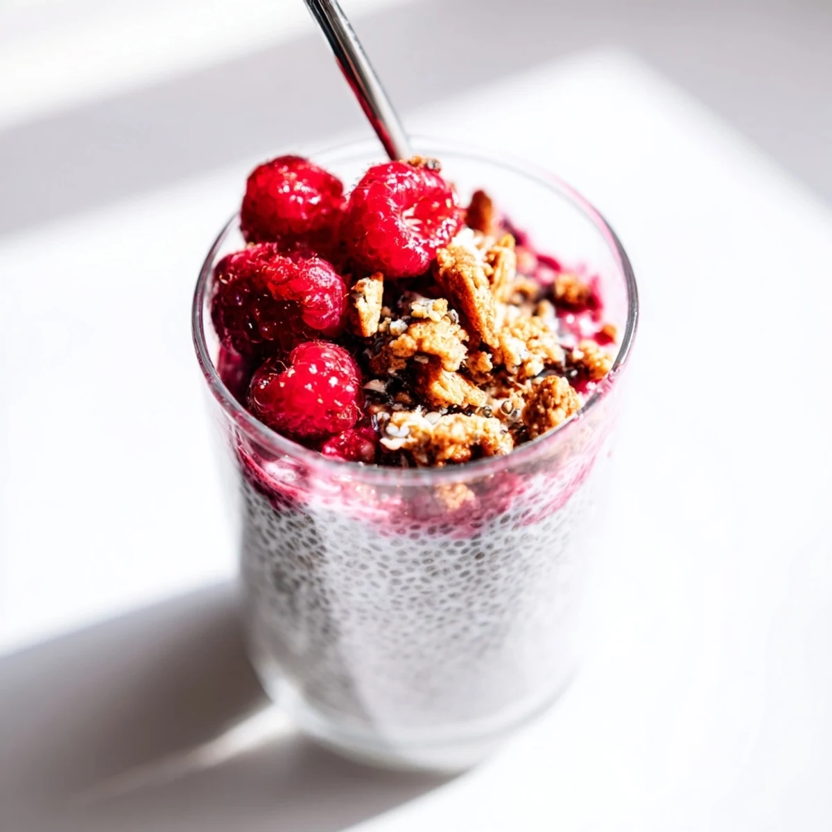 Creamy raspberry chia pudding topped with fresh berries and mint in glass jars