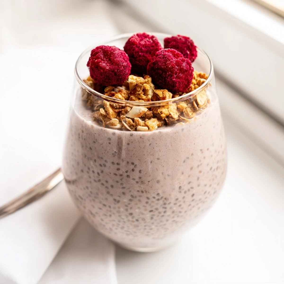 Pink raspberry chia pudding parfait layered with granola and fresh raspberries for breakfast