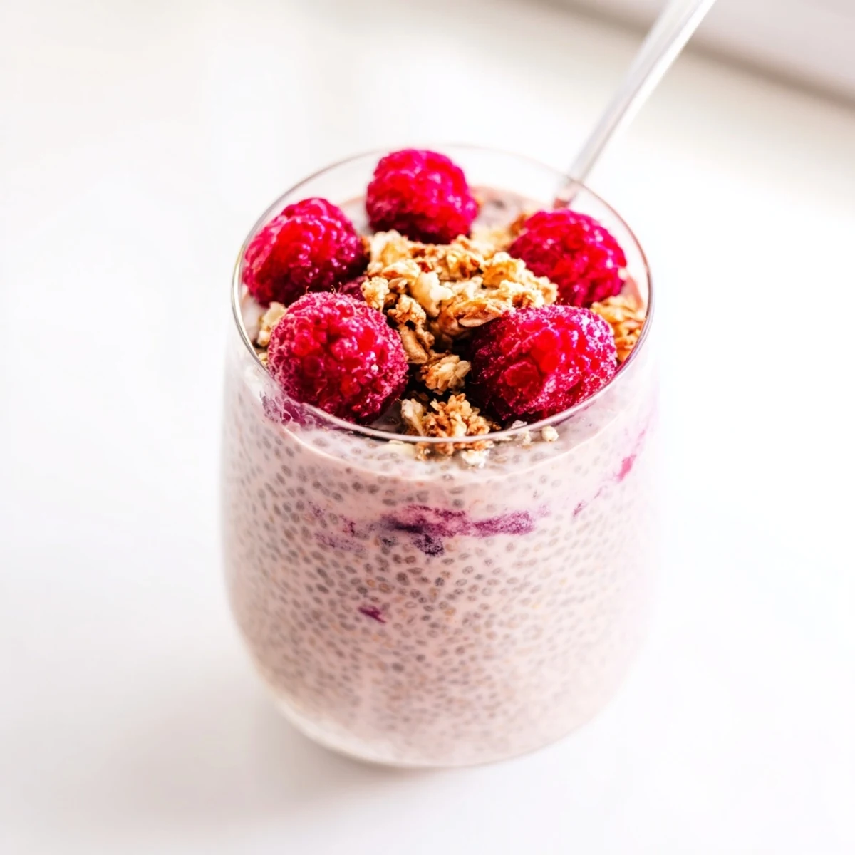 Thick raspberry chia pudding dessert garnished with mint leaves and chopped nuts