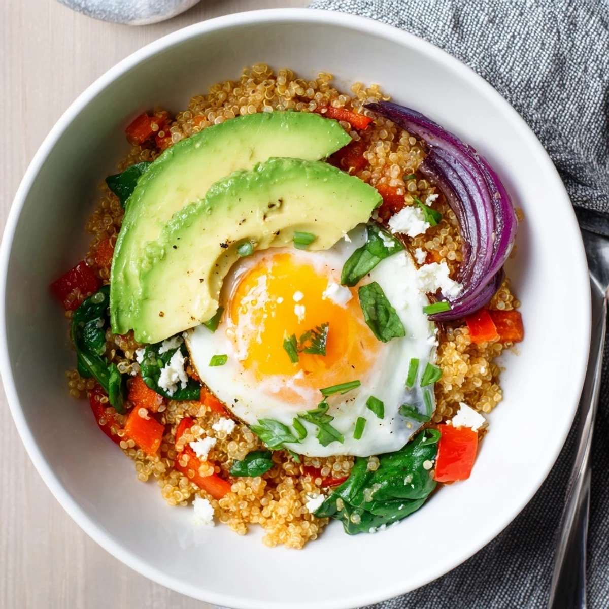 Hearty breakfast bowl packed with vegetables, fluffy quinoa, and perfectly cooked sunny-side-up egg
