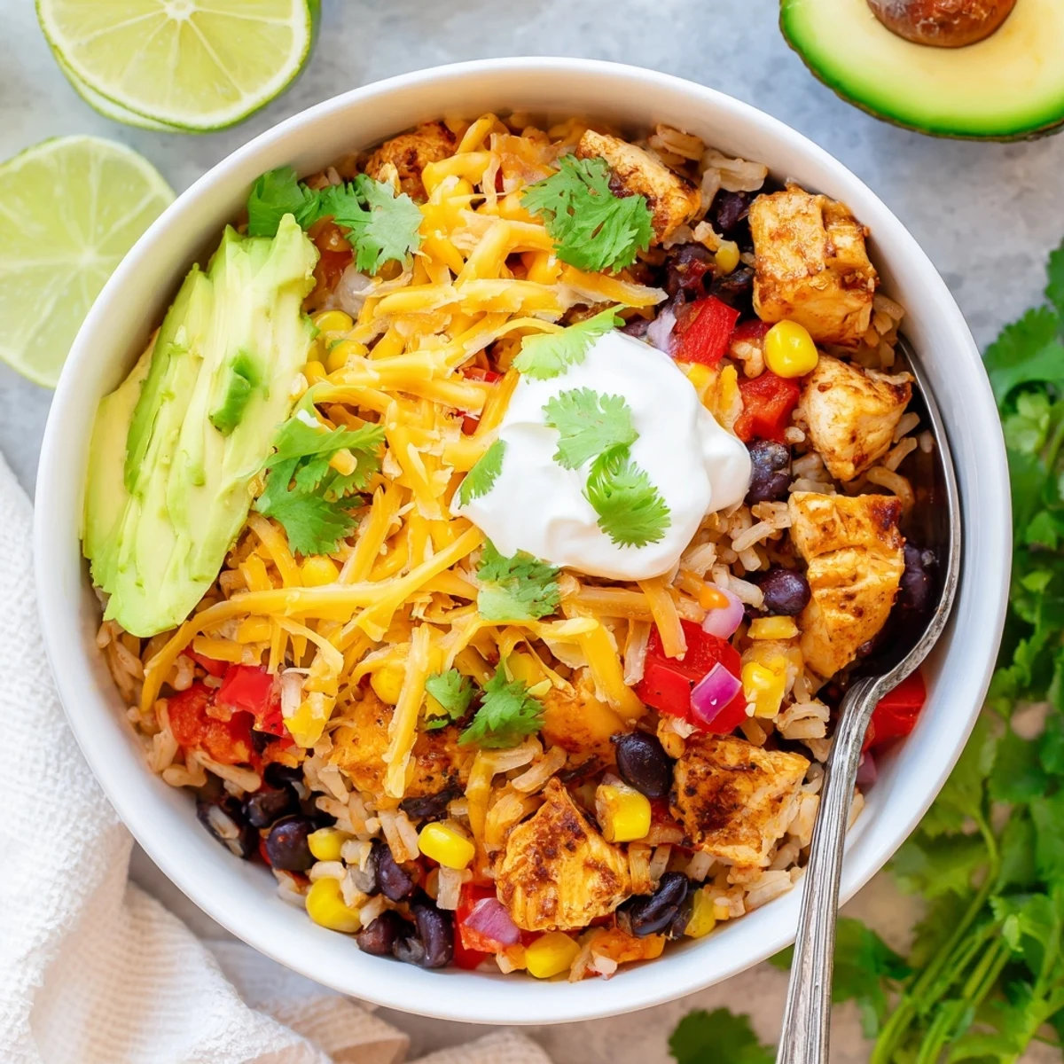 Steaming Instant Pot chicken burrito bowls topped with melted cheese, fresh avocado, and cilantro