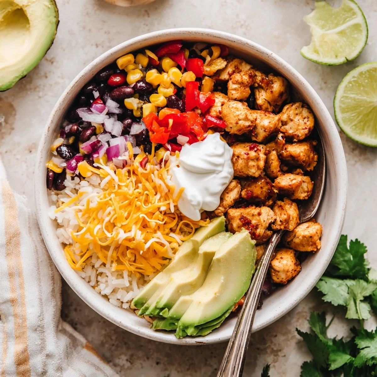 Vibrant chicken burrito bowl featuring rice, beans, corn, and tender spiced chicken in a colorful arrangement