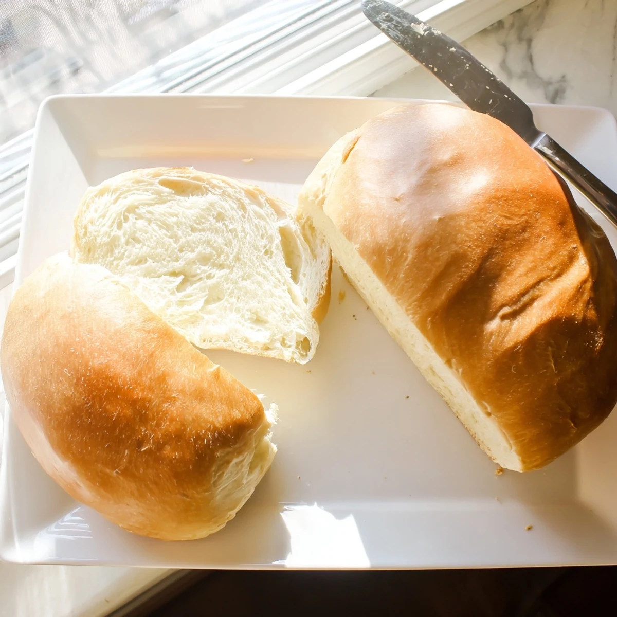 Two freshly baked loaves of Amish white bread cooling on wire rack