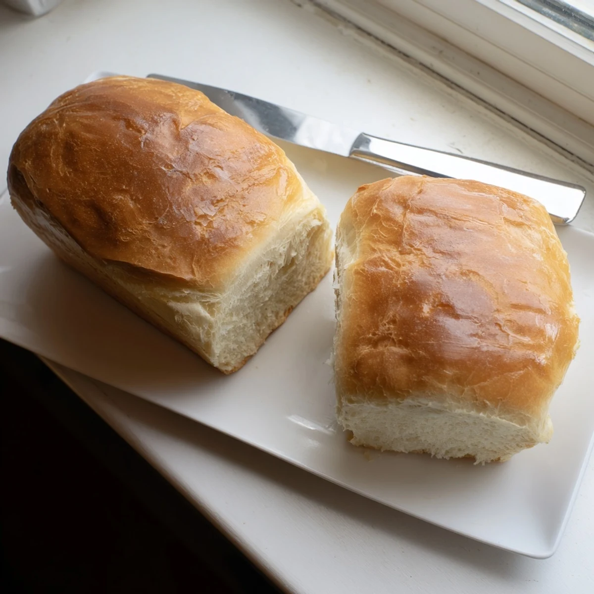 Sliced homemade Amish white bread showing fluffy texture and tender golden crust