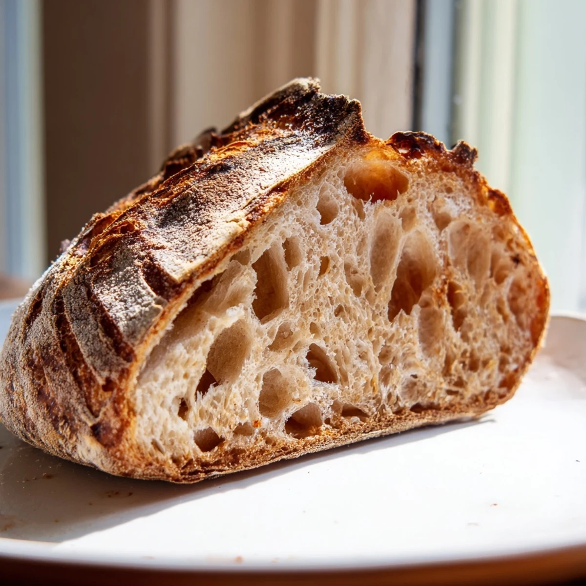 Rustic sourdough loaf featuring crackled crust and soft chewy crumb, sliced to reveal perfect texture and bubbles