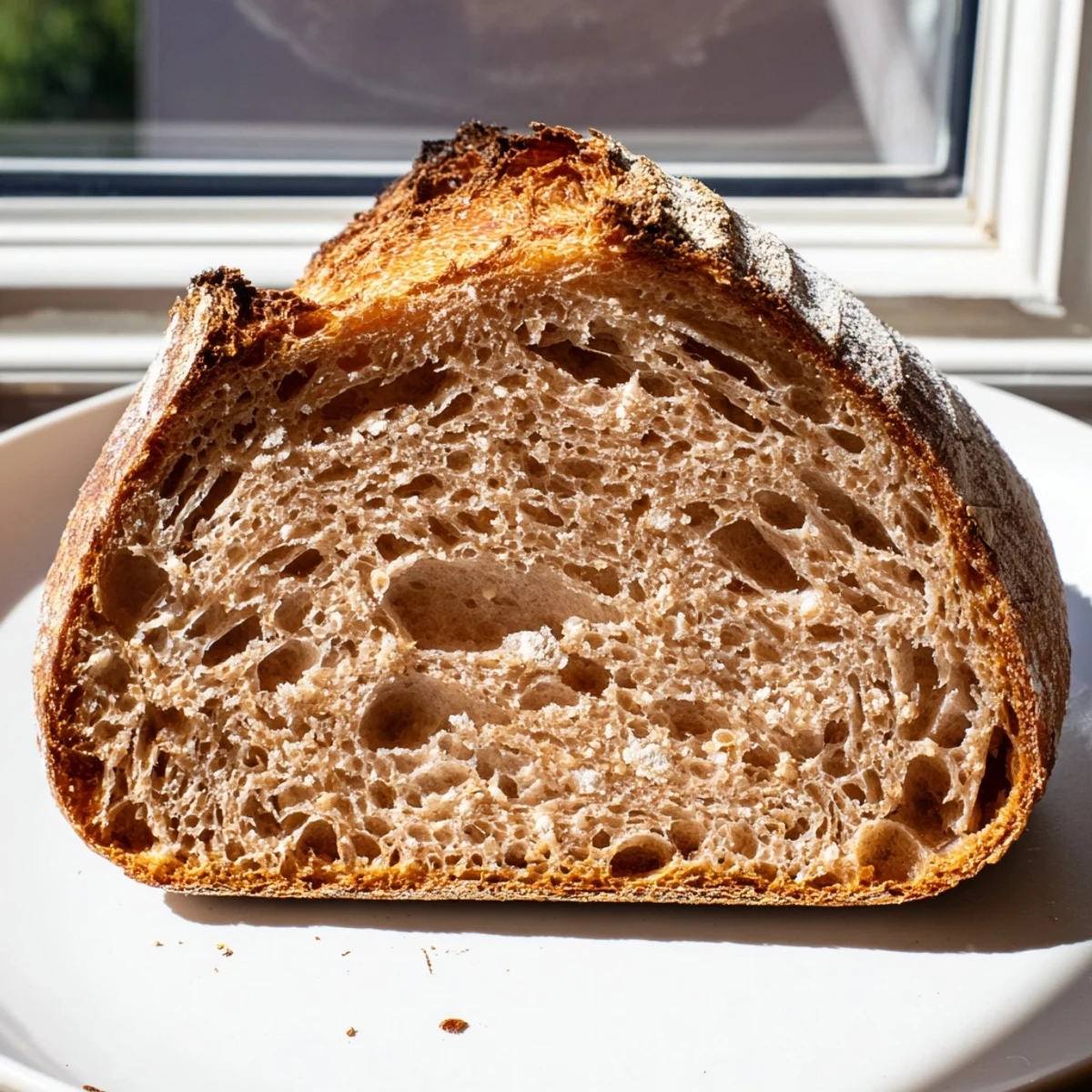 Golden brown sourdough bread with crispy crust and airy interior, freshly baked and cooling on wire rack