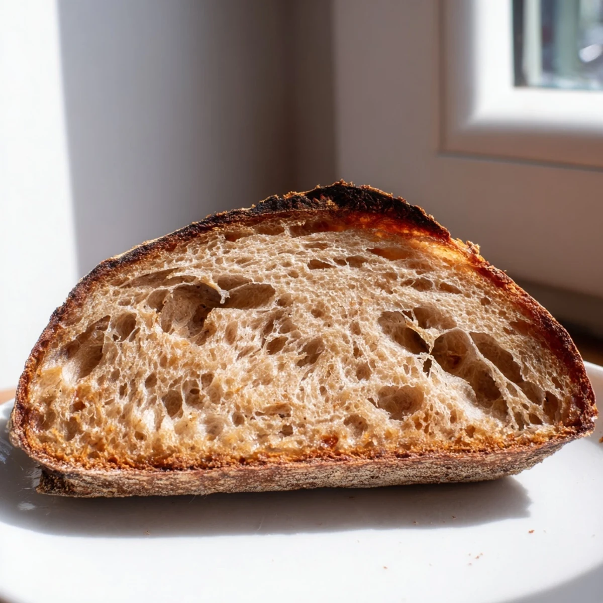 Homemade sourdough bread with deep golden crust and tender holes, served on wooden board with butter knife nearby