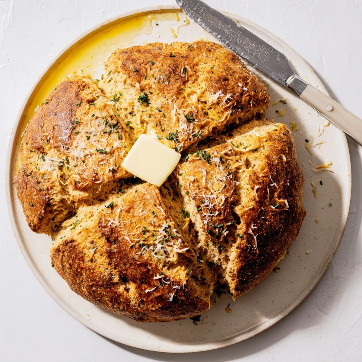 Golden cheddar and herb soda bread loaf sliced open revealing melted cheese pockets and fresh green herbs
