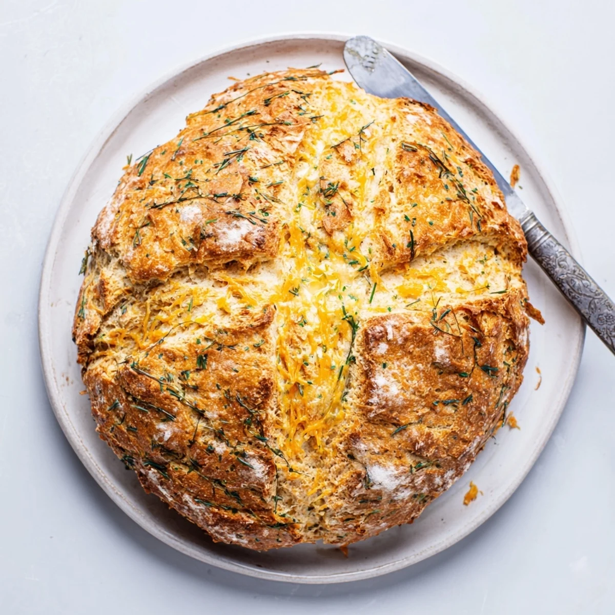Freshly baked savory cheddar and herb soda bread with golden crust cross cut and soft interior