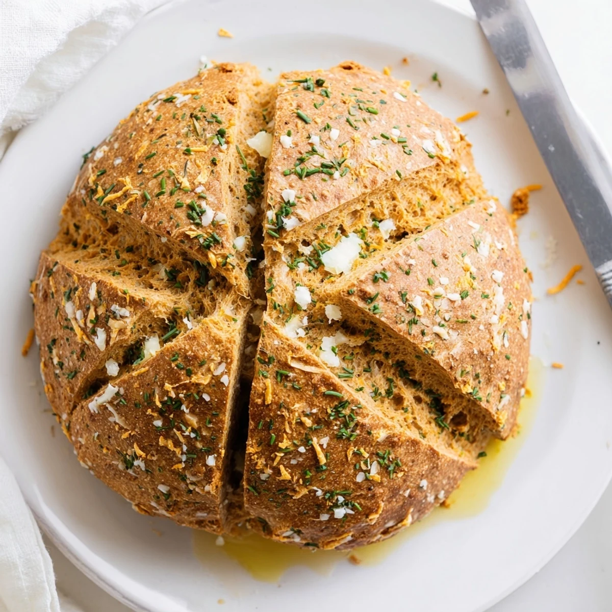 Rustic homemade cheddar and herb soda bread served warm on a wooden cutting board with butter knife