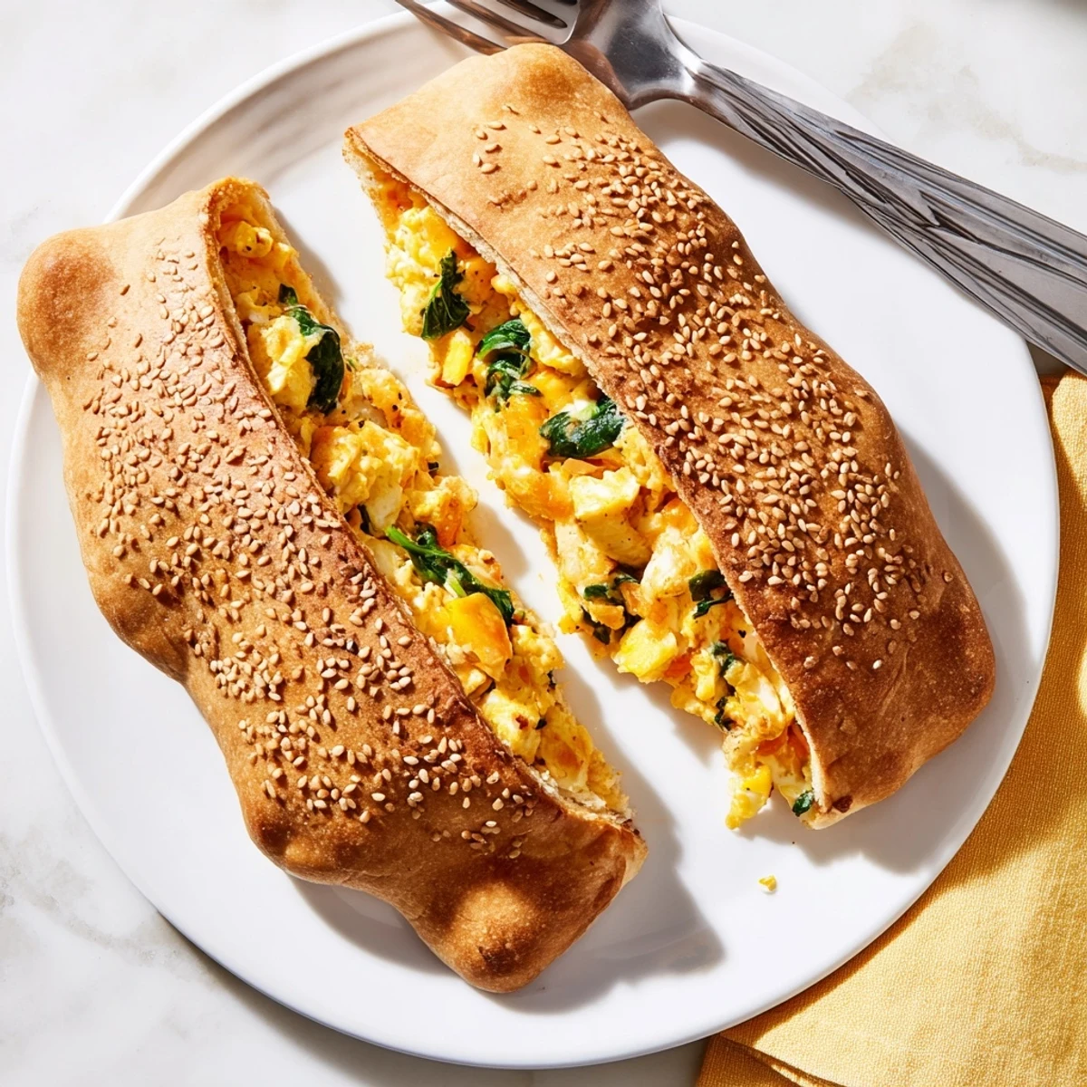 Whole wheat high protein breakfast hot pockets sprinkled with sesame seeds on parchment