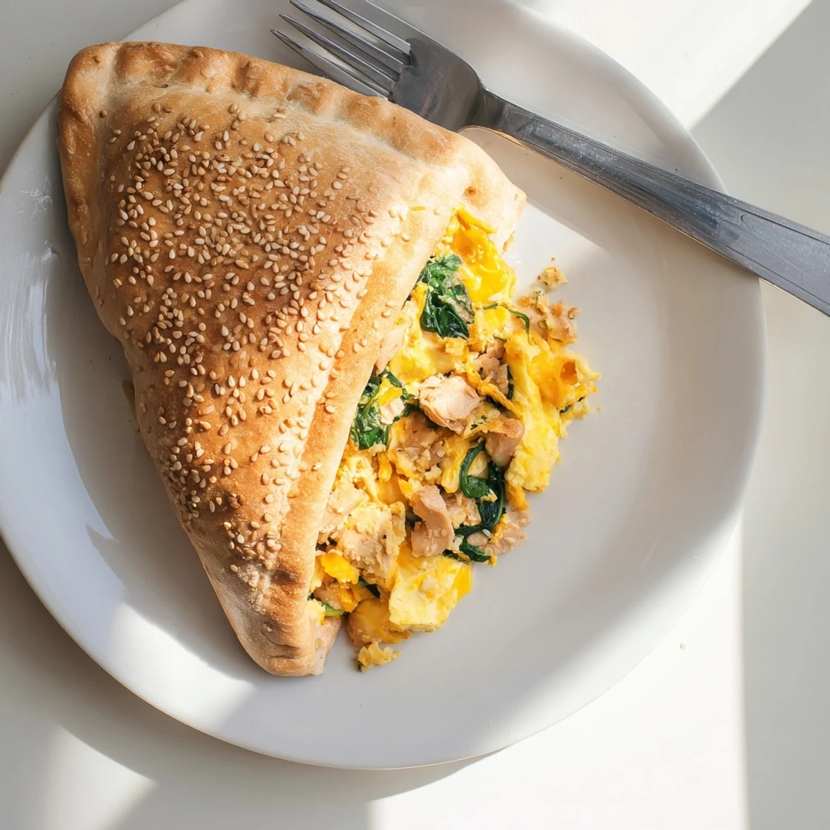 Fluffy baked high protein breakfast hot pockets cut open revealing savory egg and cheese filling