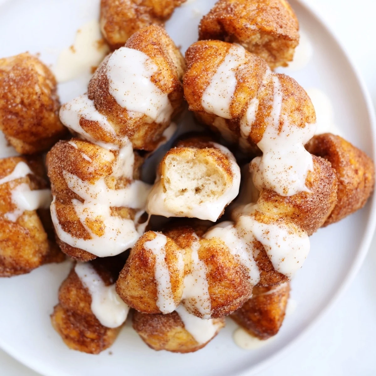 Baked high protein no sugar monkey bread showing fluffy cinnamon-coated dough balls