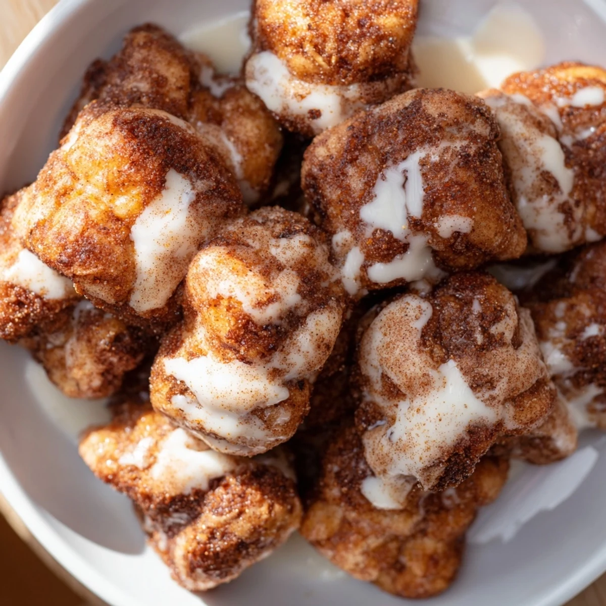 Warm pull-apart pieces of high protein no sugar monkey bread drizzled with vanilla glaze
