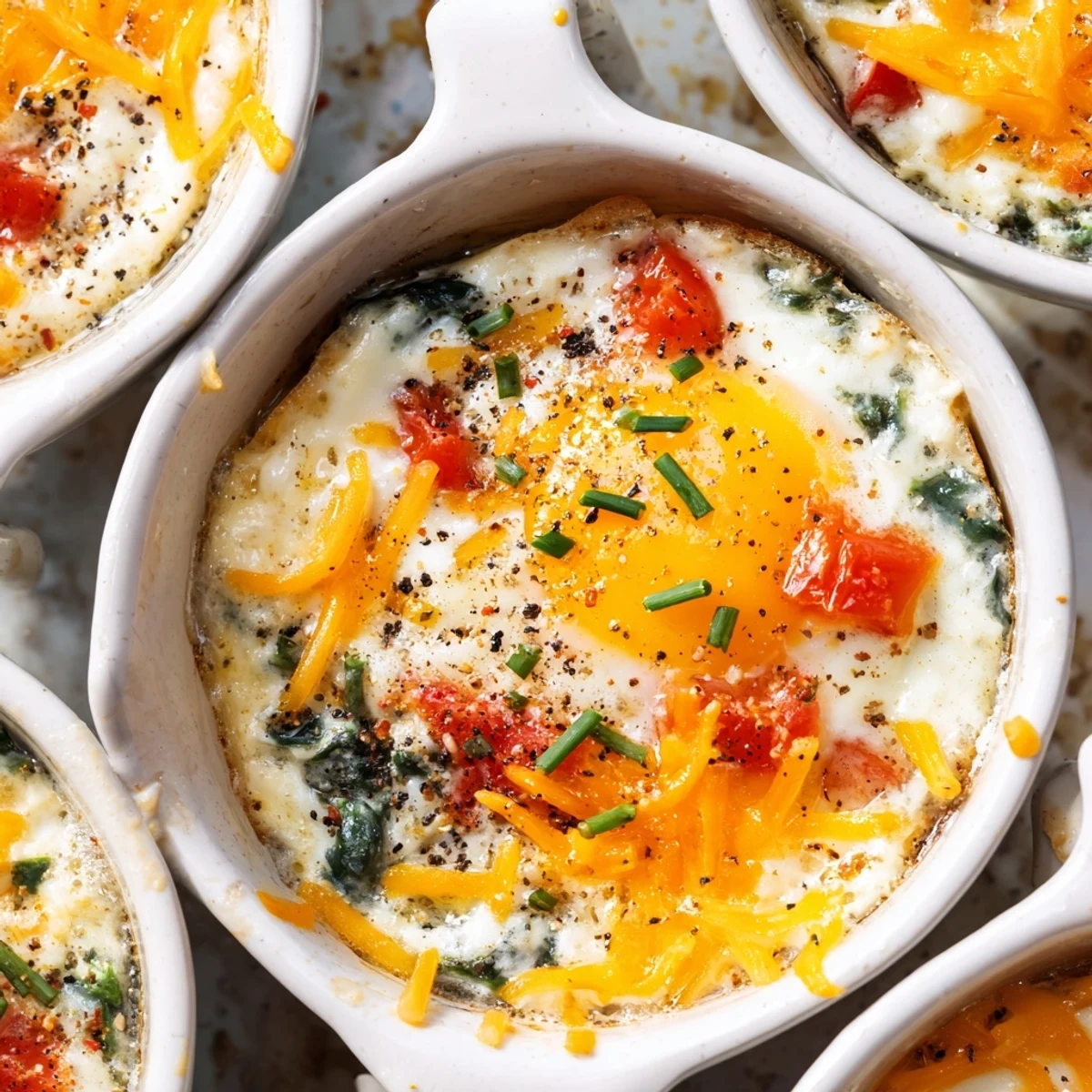 Golden baked cottage cheese eggs with melted cheese topping in individual ramekins
