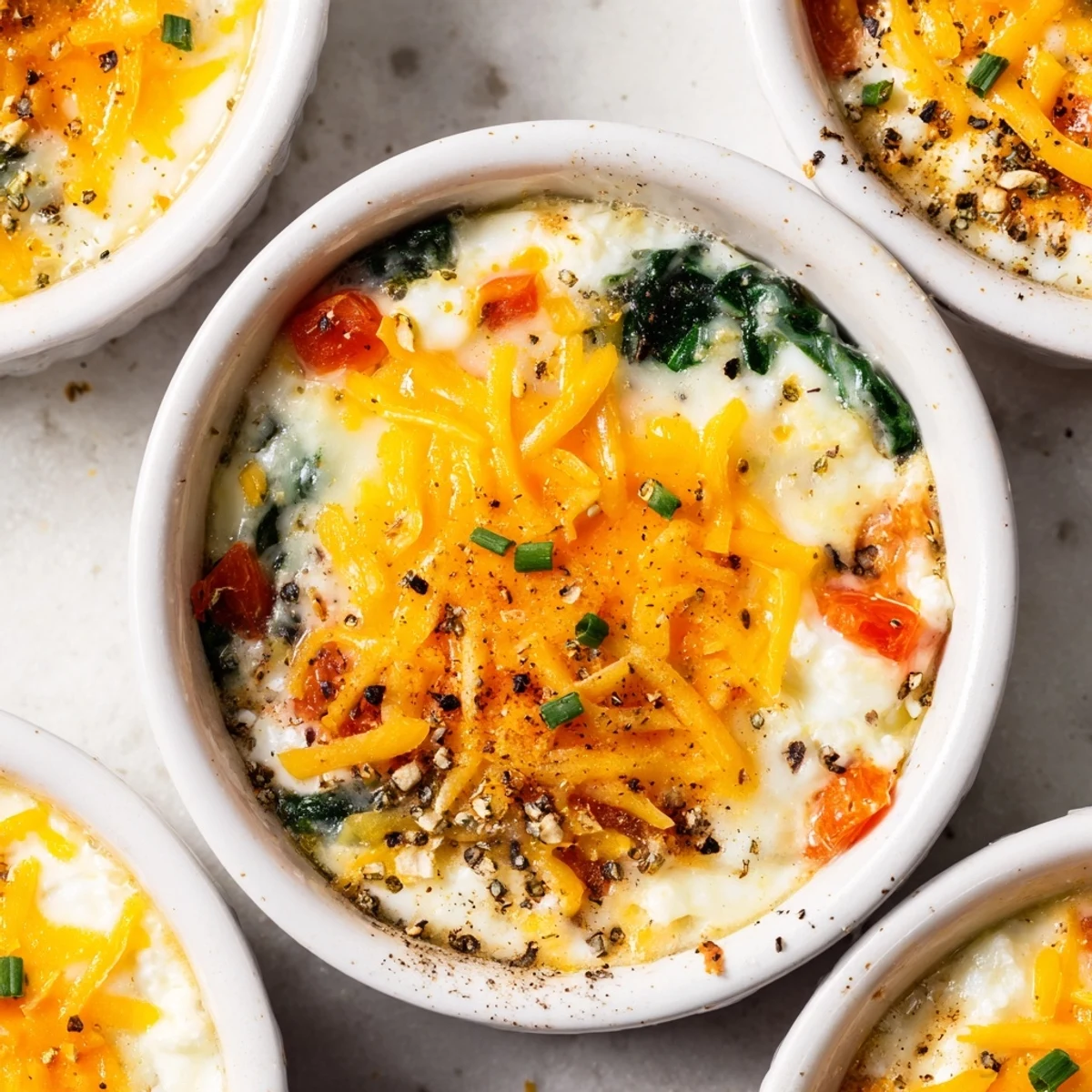 Creamy cottage cheese baked eggs with runny yolks served in white ceramic dishes