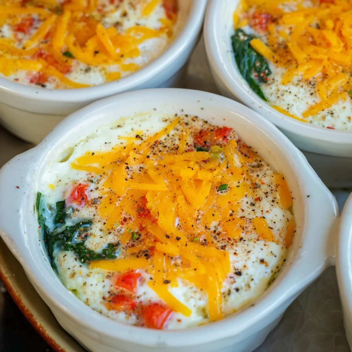 Protein-rich baked cottage cheese eggs breakfast with fresh spinach and chives garnish