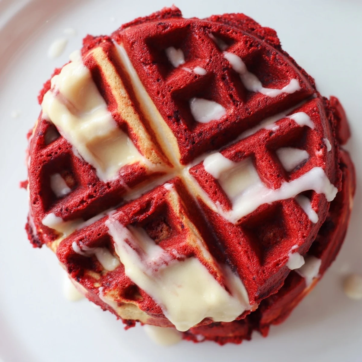 Golden Red Velvet Marble Waffles swirled with vanilla and topped with sweet maple syrup