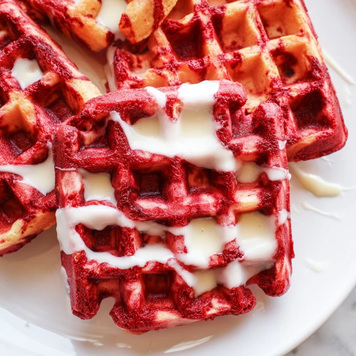 Decadent breakfast Red Velvet Marble Waffles featuring striking red and white marbled patterns