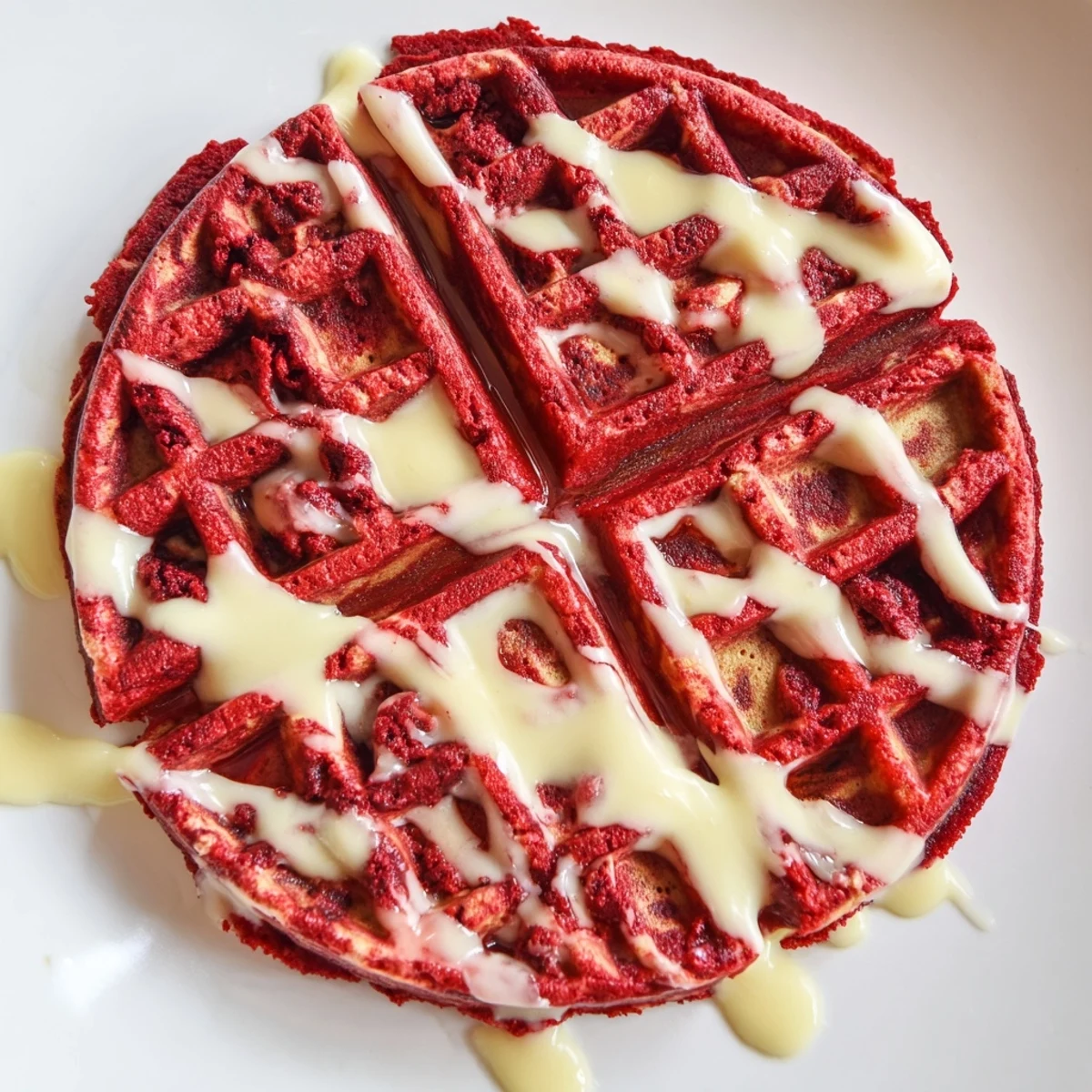 Crispy Red Velvet Marble Waffles drizzled with cream cheese glaze and fresh berries