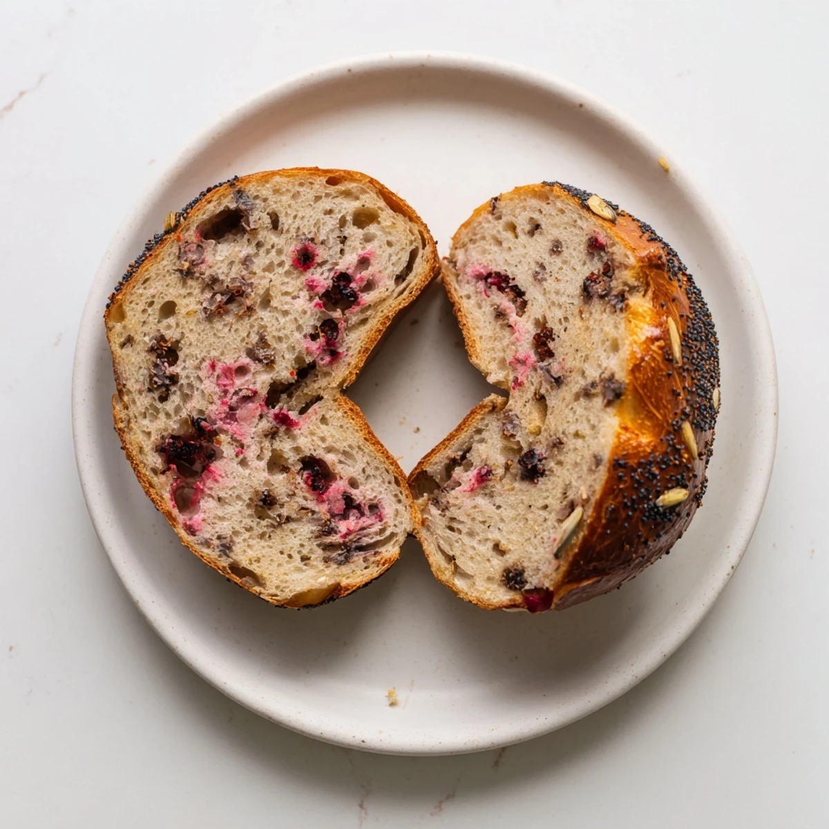 Homemade raspberry sourdough bagels sprinkled with demerara sugar on a wooden board