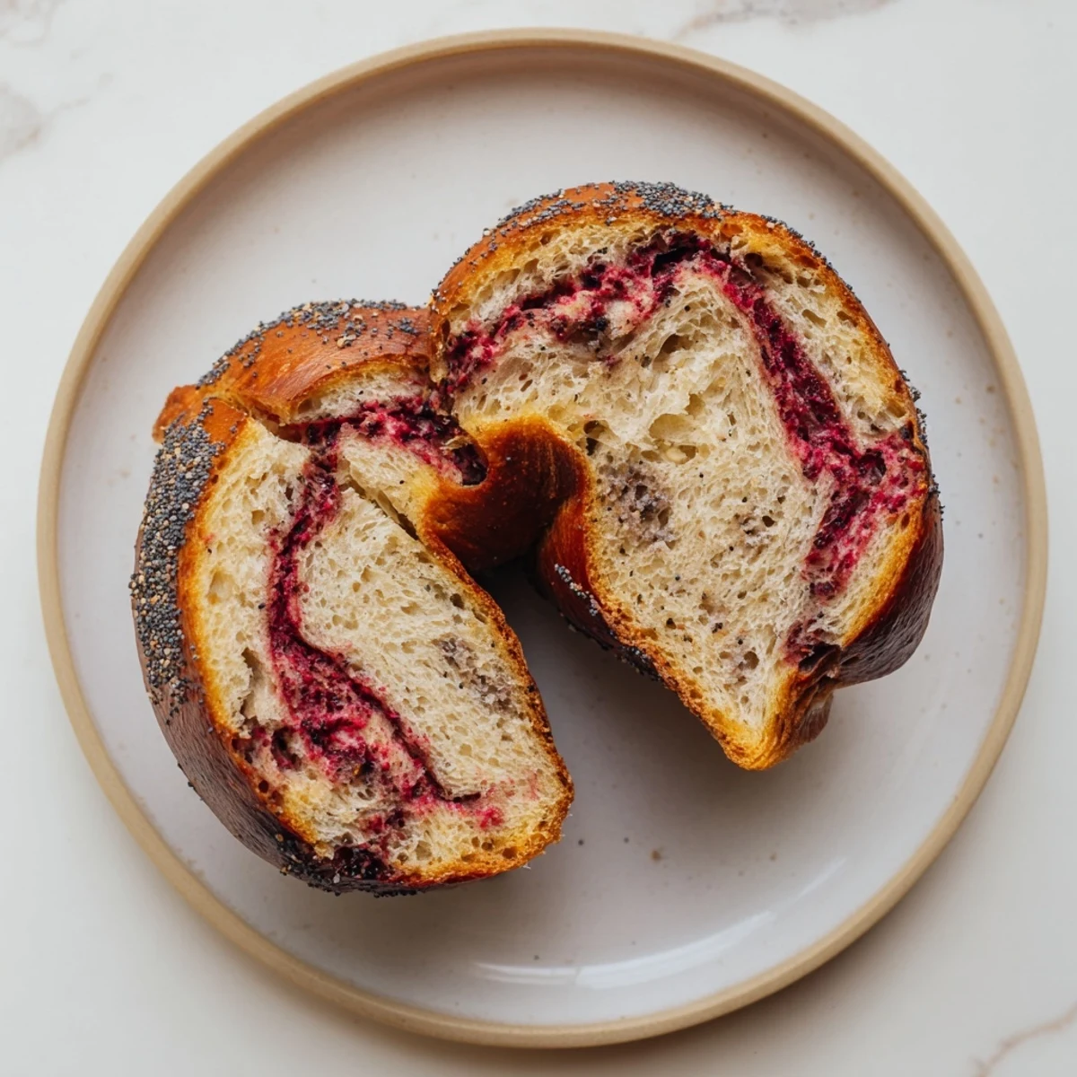 Fresh baked raspberry sourdough bagels with juicy berries visible in golden brown crust