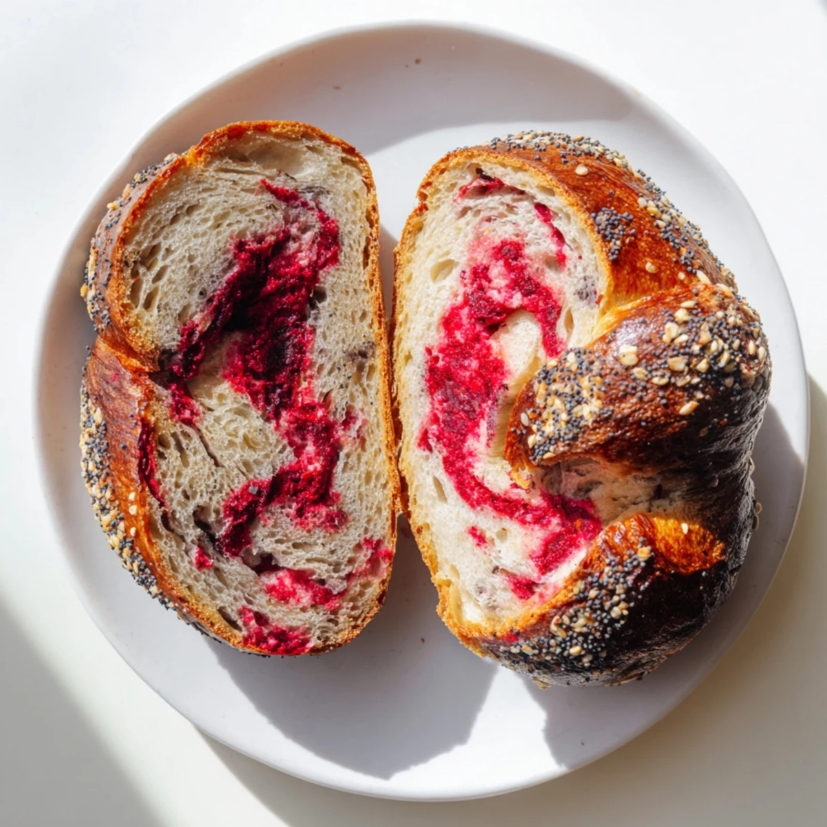 Close up of raspberry sourdough bagels featuring pink raspberry streaks and chewy texture