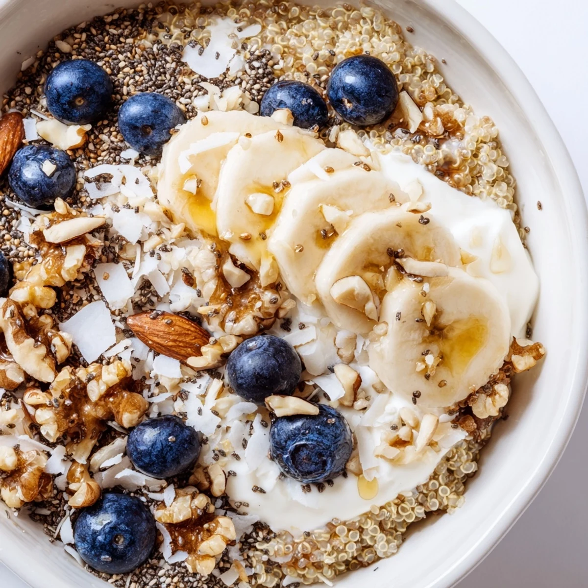 Creamy blueberry quinoa breakfast bowl topped with fresh banana slices, crunchy almonds, and chia seeds