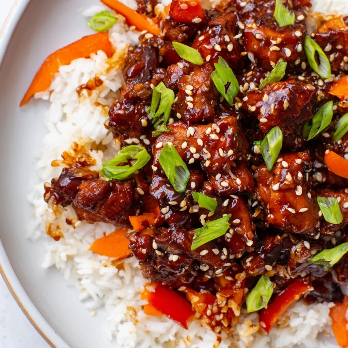 One Pan Korean BBQ Chicken and Rice served in a cast iron skillet with sesame garnish