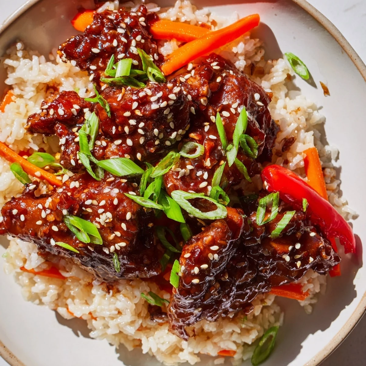 Tender One Pan Korean BBQ Chicken and Rice with colorful bell peppers and carrots